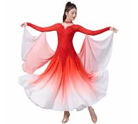 Tytyozay Vestido De Competición De Baile para Mujer, Elegante Vestido De Manga Larga con Escote En V, Pedrería Y Falda De Chifón Degradada para Vals Tango Foxtrot,Rojo,3XL
