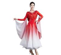 Tytyozay Vestido De Competición De Baile para Mujer, Elegante Vestido De Manga Larga con Escote En V, Pedrería Y Flecos, Falda De Chifón Fluida para Vals Tango Foxtrot,Rojo,3XL