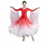 Tytyozay Vestido De Competición De Baile para Mujer, Elegante Vestido De Manga Larga con Escote En V, Pedrería, Falda De Chifón Degradada Y Mangas Drapeadas Fluidas para Vals Tango Foxtrot,Rojo,3XL