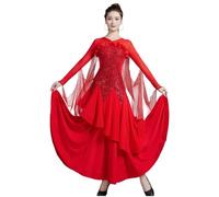 Tytyozay Vestido De Danza Ballroom Estándar para Mujer, Elegante Vestido De Competición De Manga Larga con Escote En V Cuerpo Brillante Mangas Tipo Capa Falda Fluida para Vals Tango Foxtrot,Rojo,3XL