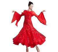 Tytyozay Vestido De Danza Estándar para Mujer De Competición, Elegante Vestido Negro De Manga Larga con Cuello Volante, Tejido Brillante para Vals Tango Y Foxtrot,Rojo,3XL
