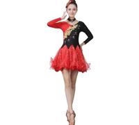 Tytyozay Vestido De Danza Latina para Mujer, Disfraz De Una Pieza con Cuello Redondo, Leotardo con Pedrería Y Falda De Volantes En Capas, Conjunto Brillante para Cha-Cha, Rumba Y Samba,Rojo,L