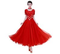 Tytyozay Vestido Estándar De Baile De Salón para Mujer, Vestido Baile Brillante con Pedrería, Manga Corta Y Falda Larga Fluida para Vals Tango Foxtrot Competición Y Actuaciones Escenario