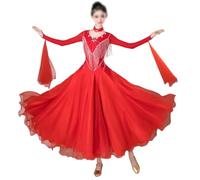 Tytyozay Vestido Estándar De Baile para Mujer, Vestido Baile Salón Brillante con Flecos Pedrería Manga Larga Falda Larga Fluida para Danza Lírica Vals Tango Foxtrot Competición Actuaciones,Rojo,S