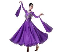 Tytyozay Vestido Estándar De Baile para Mujer, Vestido Baile Salón Brillante con Flecos Pedrería Manga Larga Falda Larga Fluida para Danza Lírica Vals Tango Foxtrot Competición Actuaciones,Púrpura,XL