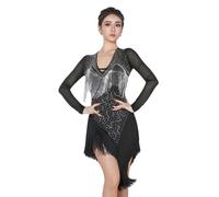 Tytyozay Vestido para Mujer con Pedrería Y Flecos En Capas, Vestido De Baile De Manga Larga con Dobladillo Asimétrico para Salsa Rumba Cha Cha Tango Baile De Salón