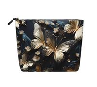 TYUMH Bolsa de cosméticos de cáñamo de imitación de una sola capa con mariposas blancas y doradas, portátil, adecuada para la vida cotidiana, viajes y salidas.