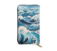 TYUMH Cartera larga de piel con estampado de ondas estilo Ukiyo-e, ligera e impermeable, diseño elegante, adecuada para regalar y uso diario