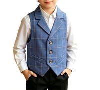 TYUSGH Chaleco a cuadros para niños, cuello de muesca, de un solo pecho, formal, chaleco clásico de esmoquin para caballero, chaleco de esmoquin para boda, fiesta, sin mangas, azul, 9-10 años