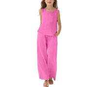 TYUSGH Conjunto de 2 piezas de chaleco de algodón y lino y pantalones de pierna ancha para niñas, ropa de verano para vacaciones, adolescentes, atuendo casual para la playa, hot pink, 7-8 años