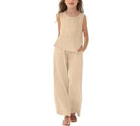 TYUSGH Conjunto de 2 piezas de chaleco de algodón y lino y pantalones de pierna ancha para niñas, ropa de verano para vacaciones, adolescentes, atuendo casual para la playa, caqui, 7-8 años