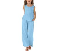 TYUSGH Conjunto de 2 piezas de chaleco de algodón y lino y pantalones de pierna ancha para niñas, ropa de verano para vacaciones, adolescentes, atuendo casual para la playa, azul, 7-8 años