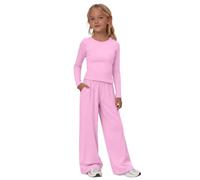 TYUSGH Conjunto de 2 piezas para niñas, camiseta fruncida de manga larga y pantalones de pierna ancha, ropa para adolescentes Y2K, chándal casual para la escuela, rosa, 13-14 años