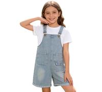 TYUSGH Pantalones cortos de mezclilla para niñas, con correa ajustable, holgados, de pierna ancha, pantalones casuales de verano, para adolescentes, sin mangas, ropa preparada, azul claro, 14-15 años