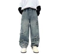 TYUSGH Pantalones de mezclilla de pierna recta holgados para niños, con cintura elástica, vintage, con bolsillos, ropa de calle a la moda, pantalones de mezclilla para niños, azul, 13-14 años