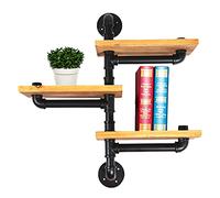 Tyvotrend Estantería de pared flotante de 3 capas, estantería industrial tubular de madera y metal, estantería retro de pie con marco de metal tubular de madera maciza, para salón, cocina, baño
