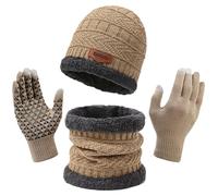 TYXHXTF Gorro Bufanda Guantes Set, Punto Sombreros, 3 Dedos Guantes Táctiles Antideslizante de Pantalla, para Esquí Deportes al Aire para Mujeres y Hombres (Caqui)