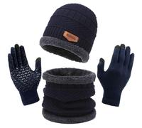 TYXHXTF Gorro Bufanda Guantes Set, Punto Sombreros, 3 Dedos Guantes Táctiles Antideslizante de Pantalla, para Esquí Deportes al Aire para Mujeres y Hombres (Azul)
