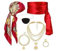 TYXHXTF Set di 6 Accessori per Costume da Pirata, Bandana Fascia Vita Collana Orecchini Bracciale Benda sull'Occhio, per Halloween Carnevale e Feste a Tema