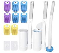 TZEKING Set Escobillas de Baño Desechable 54 Piezas, 2 Cepillos WC con Mango Largo y Sistema a Clic, 2 Soportes de Pared con Adhesivo, 48 Rellenos Detergentes en Esponja para Inodoro, Lavabo y Bañera