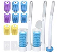 TZEKING Set Escobillas de Baño Desechable 54 Piezas, 2 Cepillos WC con Mango Largo y Sistema a Clic, 2 Soportes de Pared con Adhesivo, 48 Rellenos Detergentes en Esponja para Inodoro, Lavabo y Bañera