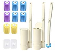 TZEKING Set Escobillas de Baño Desechable 54 Piezas, 2 Cepillos WC con Mango Largo y Sistema a Clic, 2 Soportes de Pared con Adhesivo, 48 Rellenos Detergentes en Esponja para Inodoro, Lavabo y Bañera