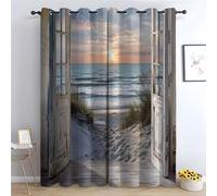 TZKRWRH Cortinas Verde Playa de la Puerta Vista del Atardecer Campestre primaveral Estampado Floral, Cortinas de Ventana Que oscurecen para salón, Dormitorio, Comedor-300Al x 140An cm (2 Paneles)