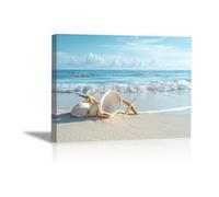 TZKRWRH Marino de Playa Costera Lienzo Pintura Cuadros Conchas marinas en la orilla arenosa Modernos Océano Paisaje Cuadro Decoracion Salon Dormitorios Pasillo（Blanco 103-60x90cm Enmarcado