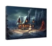 TZKRWRH Navideña Lienzos Decorativos Pictures Vista nocturna del pueblo Navidad Cuadros Decoracion Salon Modernos para Dormitorios Cuadro for Living Room（gris 144-50x75cm Enmarcado