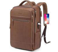 Tzowla Mochila Portatil de Cuero Hombre y Mujere,Mochilas Vintage Cuero Genuino con Puerto de Carga USB/Tipo C para Laptop de 15,6 Pulgadas,Mochila Delgada para Viajes Trabajo y Negocios-Marrón