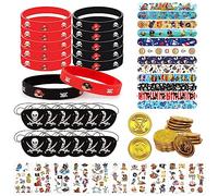 TZQFROCE 70 piezas piratas fiesta pirata accesorios accesorios piratas pulseras de silicona monedas de oro piratas juego decoración de cumpleaños para niños regalos