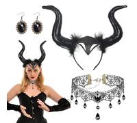TZQFROCE Corona de reina para carnaval con cuernos de diablo con encaje gótico, collar de pendientes negros para carnaval, disfraz de mujer maléfica, accesorio para carnaval