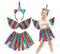 TZQFROCE Disfraz de unicornio para niña, 3 piezas, disfraz de unicornio, disfraz de princesa, disfraz de hada para niños, diadema de unicornio, alas con tutú, para niños de 3 a 7 años, carnaval y