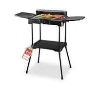 TZS First Austria - Barbacoa Eléctrica 2200W - Grill 2 en 1 con Paravientos - Termostato Regulable - Sin Humo con 2 Mesas Laterales - Balcón y Mesa - Negro