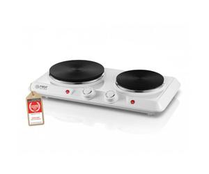TZS First Austria - Doble Placa de Cocina 2500W - Placas de Hierro Fundido 180 & 150 mm - Termostato Regulable - Hornillo Eléctrico Portátil para Camping & Cocina - Blanco