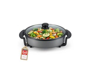 TZS First Austria - Paellera Eléctrica 1,8L - 1500W - 5 Niveles de Temperatura - Termostato, Tapa de Cristal y Antiadherente - Ø30cm Sartén Eléctrica Multifunción hasta 240°C - Gris