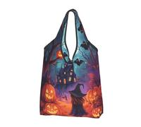 TZTTZT Bolsas de compras reutilizables, bolsas de compras, plegables para Halloween, calabaza, castillo, bruja, bolsa de comestibles con asas, Negro, 3 PCS