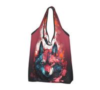 TZTTZT Bolsas de compras reutilizables, plegables, con diseño de cabeza de lobo de llama roja y asas, Negro, 3 PCS