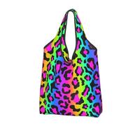 TZTTZT Bolsas de compras reutilizables, plegables, con diseño de leopardo arcoíris brillante, con asas, Negro, 2 PCS