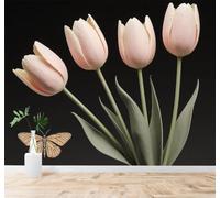 Tzxztt 3D Papel Pintado Bello Tulipán Rosa Mariposa Flores Elegantes Arte | Tejido de Seda con Textura Alta Gama Ideal Para el Salón Dormitorio Estudio la Oficina Comedor y Pared Trasera TV-400cm×280cm