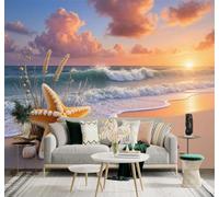 Tzxztt 3D Papel Pintado Estrella De Mar Concha Olas Playa Puesta De Sol | Tejido de Seda con Textura Alta Gama Ideal Para el Salón Dormitorio Estudio la Oficina Comedor y Pared Trasera TV-250cm×170cm