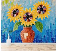 Tzxztt 3D Papel Pintado Mosaico De Colores Girasoles Jarrón Abstracto Azul | Tejido de Seda con Textura Alta Gama Ideal Para el Salón Dormitorio Estudio la Oficina Comedor y Pared Trasera TV-300cm×210cm