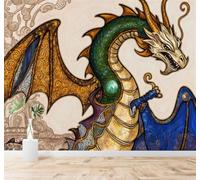 Tzxztt Alas Doradas Escamas Verdes Dragón De Ensueño Ilustración Artística Papel Pintado 3D Seda Texturizada Primera Calidad Neutros Material Ideal Para SalóN Dormitorio-300cm×210cm