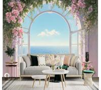 Tzxztt Balcón Ventana Flores Rosas Cielo Azul Vistas Al Mar Papel Pintado 3D Seda Texturizada Primera Calidad Neutros Material Ideal Para SalóN Dormitorio-430cm×300cm