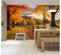 Tzxztt Bosque Otoñal Sendero Árboles Atardecer Dorado Valla De Madera Papel Pintado 3D Seda Texturizada Primera Calidad Neutros Material Ideal Para SalóN Dormitorio-350cm×256cm
