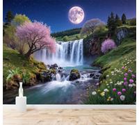 Tzxztt Cascada Cerezos En Flor Río Flores Silvestres Luna Llena Papel Pintado 3D Seda Texturizada Primera Calidad Neutros Material Ideal Para SalóN Dormitorio-200cm×140cm