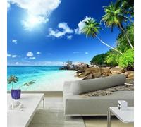 Tzxztt Cielo Azul Nubes Blancas Cocoteros Playa Rocas Moderno Papel Pintado 3D Seda Texturizada Primera Calidad Neutros Material Ideal Para SalóN Dormitorio-300cm×210cm