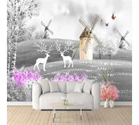 Tzxztt Creatividad Dibujado A Mano Colinas Molinos De Viento Alces Moderno Papel Pintado 3D Seda Texturizada Primera Calidad Neutros Material Ideal Para SalóN Dormitorio-300cm×210cm