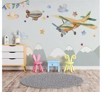 Tzxztt Dibujo A Mano Dibujos Animados Aviones Montañas Estrellas Papel Pintado 3D Seda Texturizada Primera Calidad Neutros Material Ideal Para SalóN Dormitorio-350cm×256cm