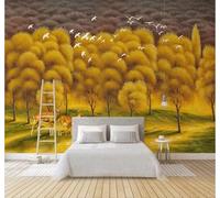 Tzxztt Dibujo A Mano Dorado Arte Bosque Alces Pájaros Papel Pintado 3D Seda Texturizada Primera Calidad Neutros Material Ideal Para SalóN Dormitorio-250cm×170cm